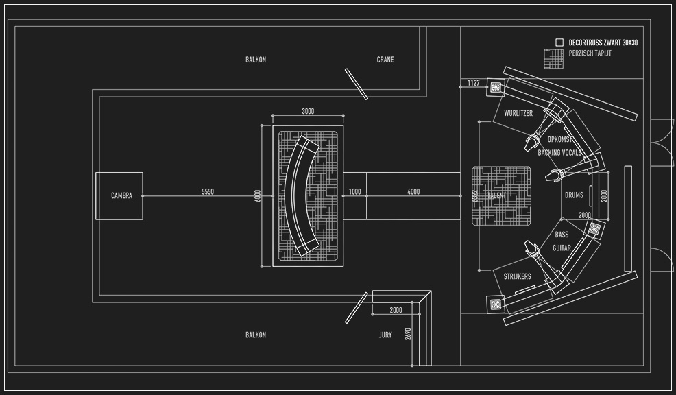 CAD drawing, plan view of the set