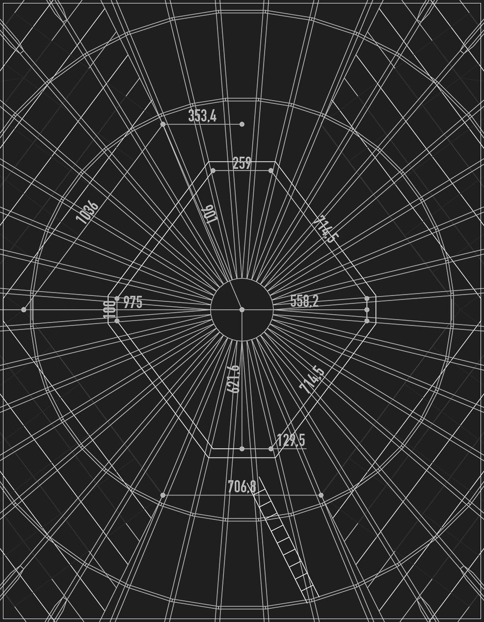2D CAD drawing, setmarks for the center stage area & bleacher