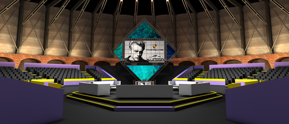 3D visual, frontal view of the stage from the back of the set