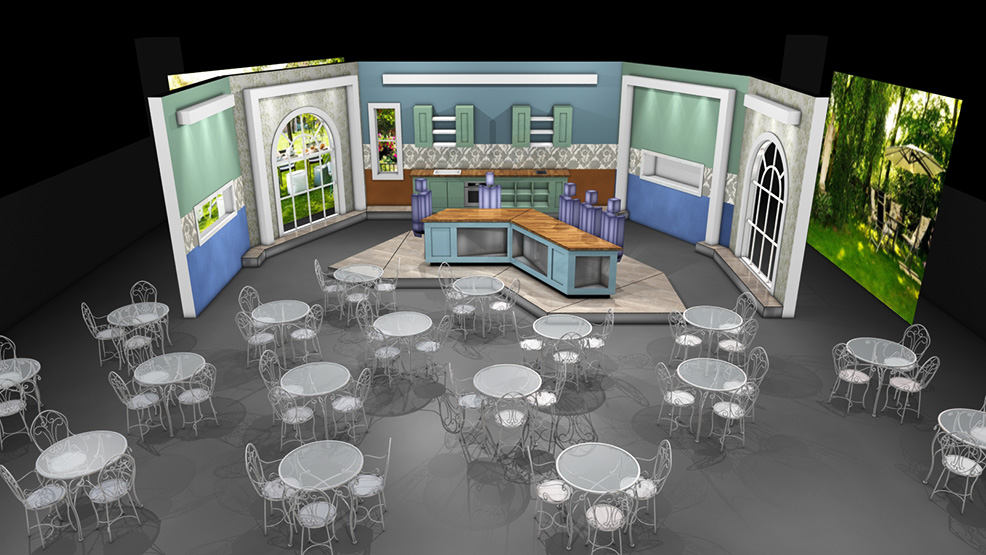 3D visual, perspective overview of the set design